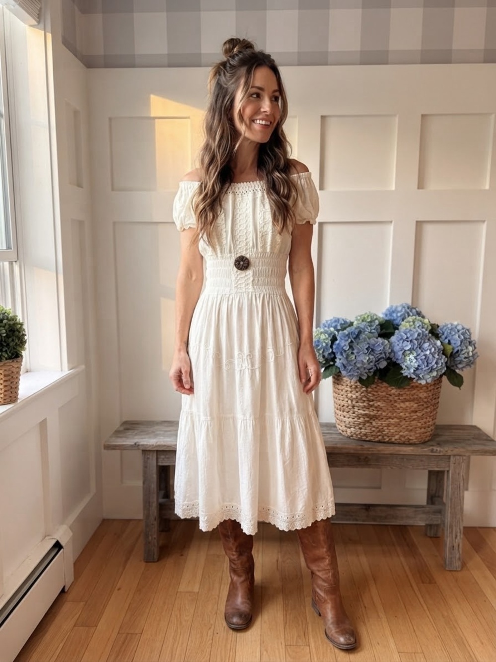 Off-Shoulder Cream Midi Dress with Smocked Waist Medium